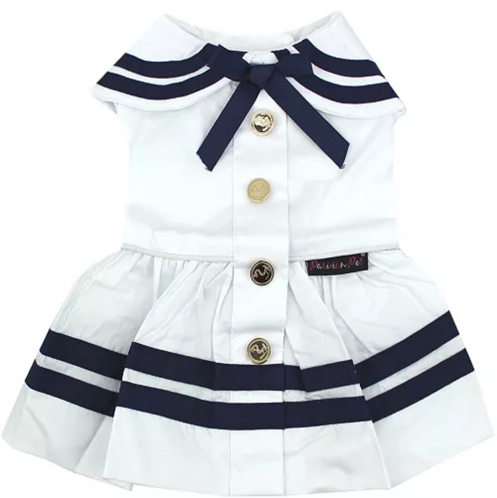 Parisian pet sailor dog dress. White blue gold medium or large.  New